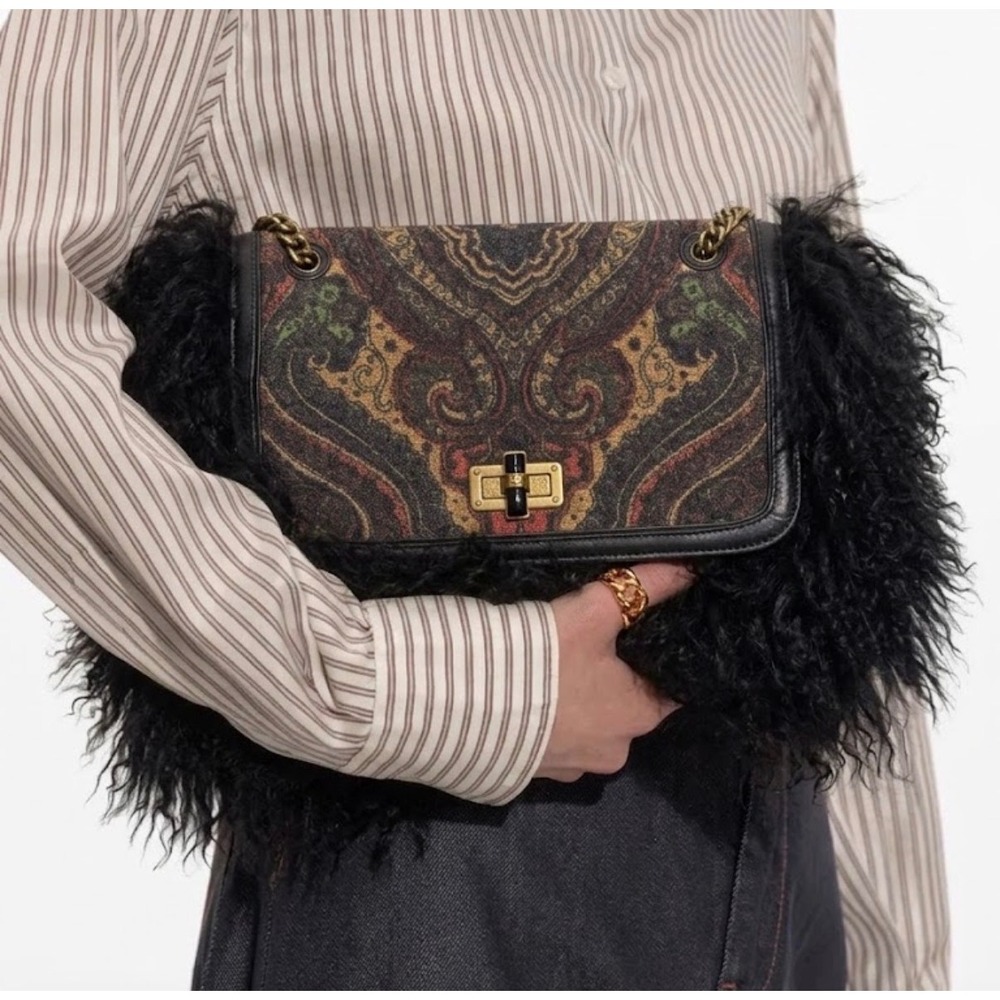 Rare! Rara Avis by Iris Apfel Black Faux Fur Paisley Leather Shoulder Bag Brass